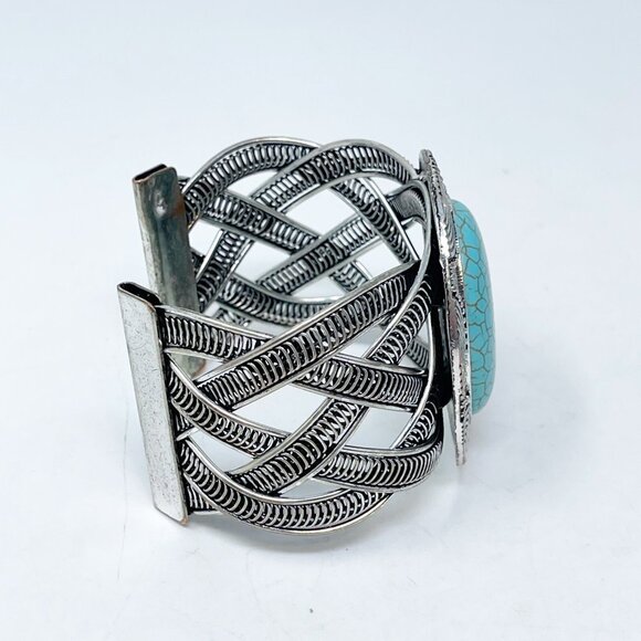 Silver Tone Faux Turquoise Chunky Open Cuff Statement Bracelet Boho Western - Picture 7 of 8
